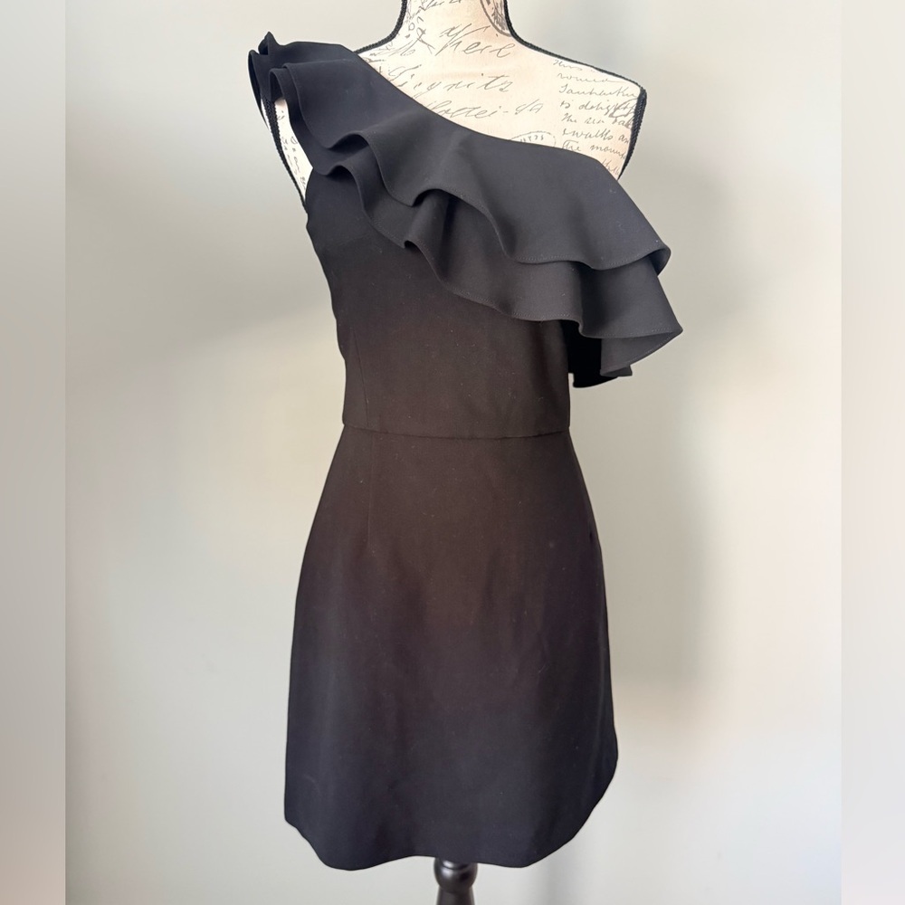 French Connection Black One Shoulder Ruffle Mini Dress New XS